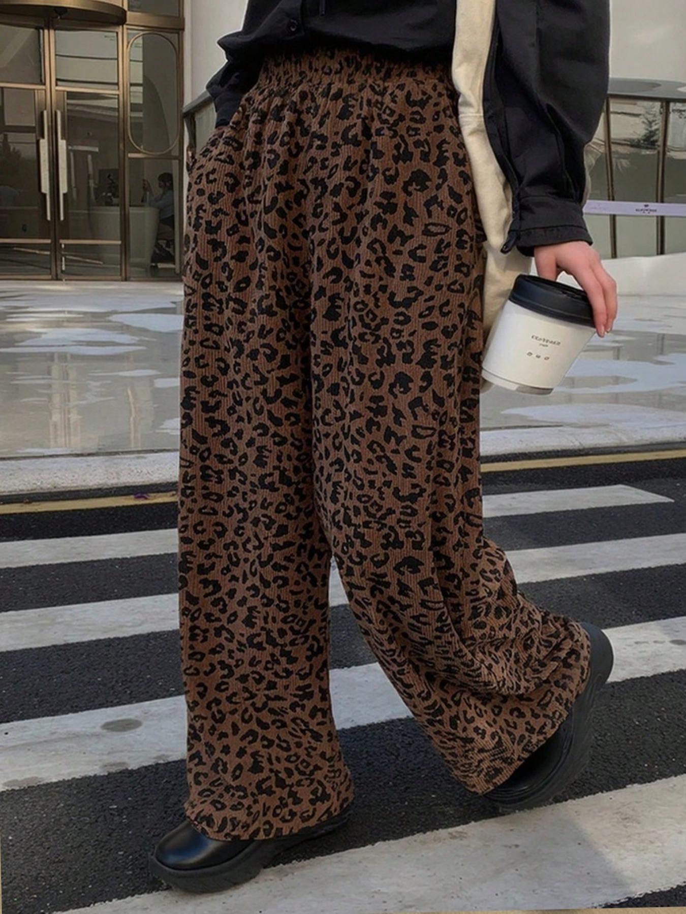 Plus Size Women's Loose-Fit Leopard Print Corduroy Pants with Elastic Waistband, Coffee-Colored Long Pants for All Seasons, Perfect for Back to School and Casual Dates, Casual Fashion Pants