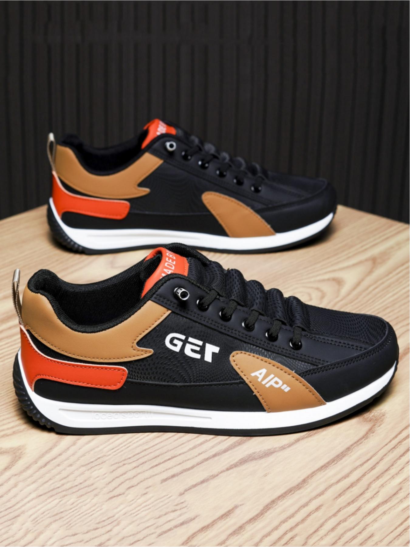 Men's casual sports shoes, simple splicing design for breathability and comfort, contrasting tongue and eye-catching letter logo for fashionable embellishment, ideal for light commuting and sports wear