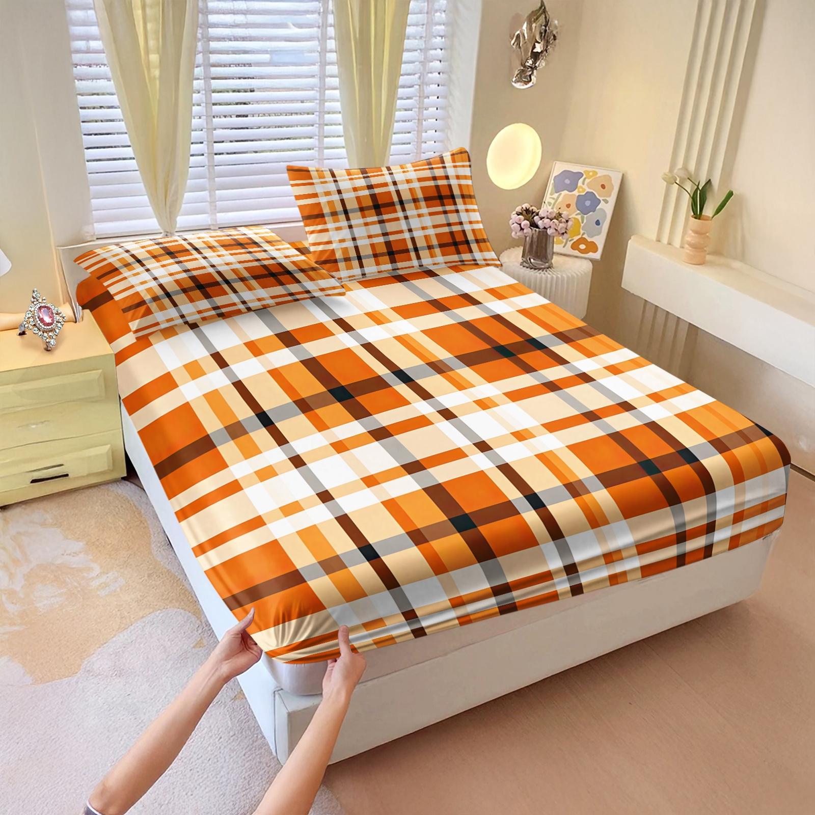 3 Pcs Geometric Plaid Print Fitted Sheet Set, Modern Minimalist Bedding Set, Soft Breathable Microfiber with HD Digital Print, Deep Pocket & Wrinkle Resistant, Ideal for Bedroom, Dorm, Guest Room, All Season Use