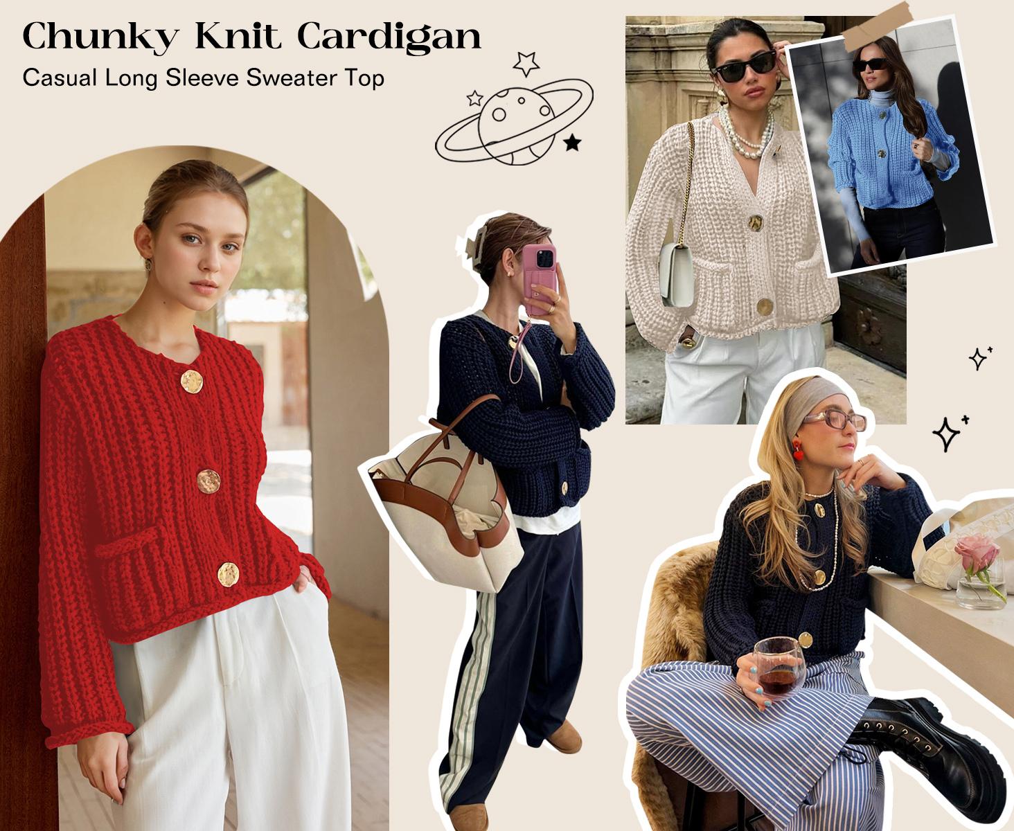 SCUSTY Women's Cropped Cardigan Sweater  Long Sleeves Button Down Chunky Knitted Coat Knitwear