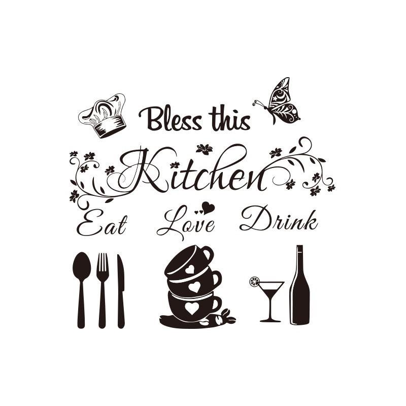 Kitchen Theme Wall Stickers Set, Simple Style, Bless This Kitchen Slogan, Removable Waterproof Oilproof, DIY Decor, Decorative Wall Sticker