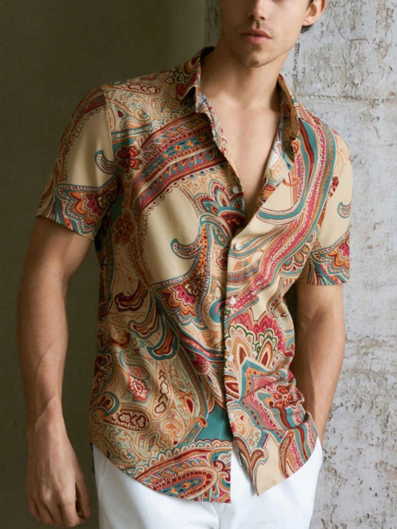 Vintage Floral Print Short Sleeve Shirt for Men, Summer Loose Fit Casual Vacation Style, American Hawaiian Beach Top