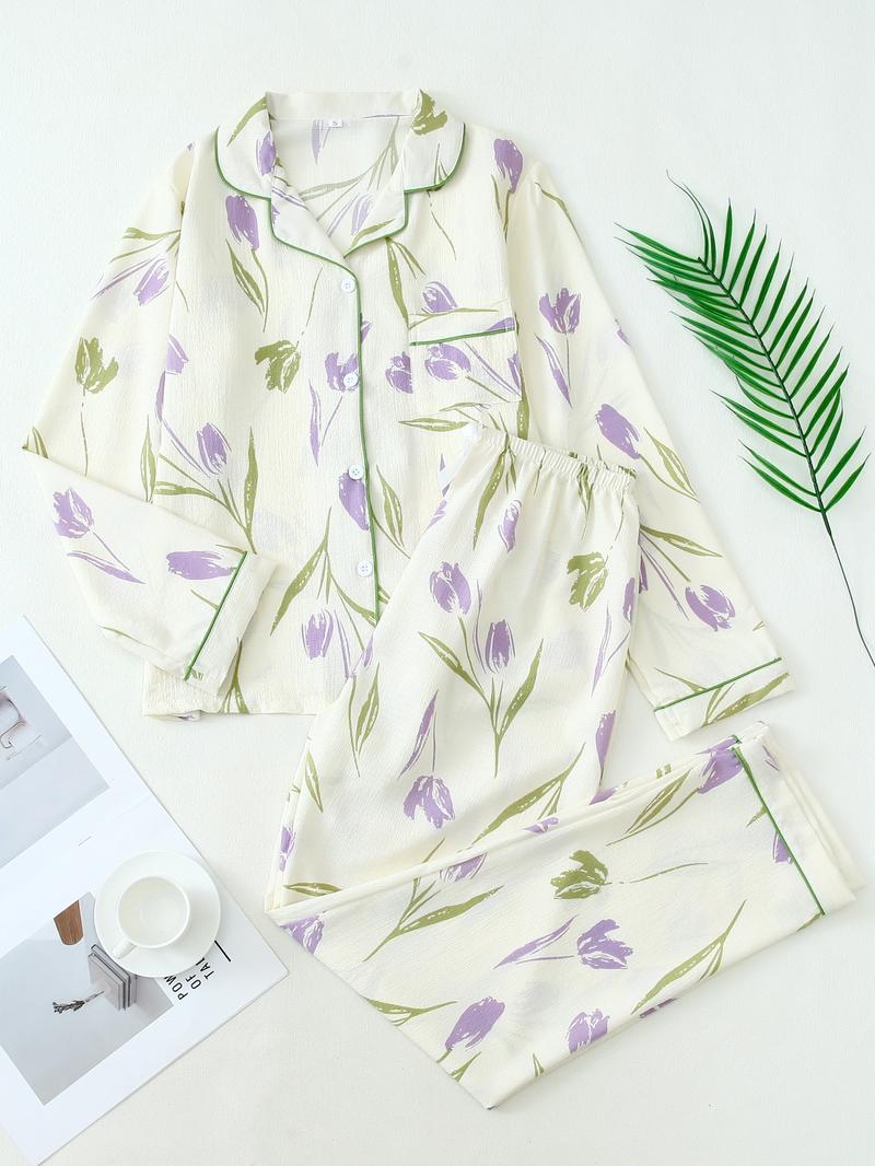 Women's Button Front Blouse & Bow Front Contrast Binding Pants Pyjama Set, Casual Long Sleeve Lapel Top & Trousers, Summer Outfits 2024, Sleepwear for Spring & Fall, National Day Offers Women's Button Front Blouse & Bow Front Contrast Binding Pants Pyjama Set, Casual Long Sleeve Lapel Top & Trousers, Summer Outfits 2024, Sleepwear for Spring & Fall, National Day Offers