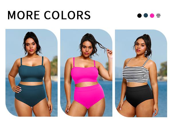 Tempt Me Women Plus Size Swimsuit Plus Size High Waisted Bikini Bandeau Two Piece Swimsuit with Adjustable Straps Strapless Swimsuit Full Coverage Bikini Sets for Women High Wasted Bath Suits Tummy Control