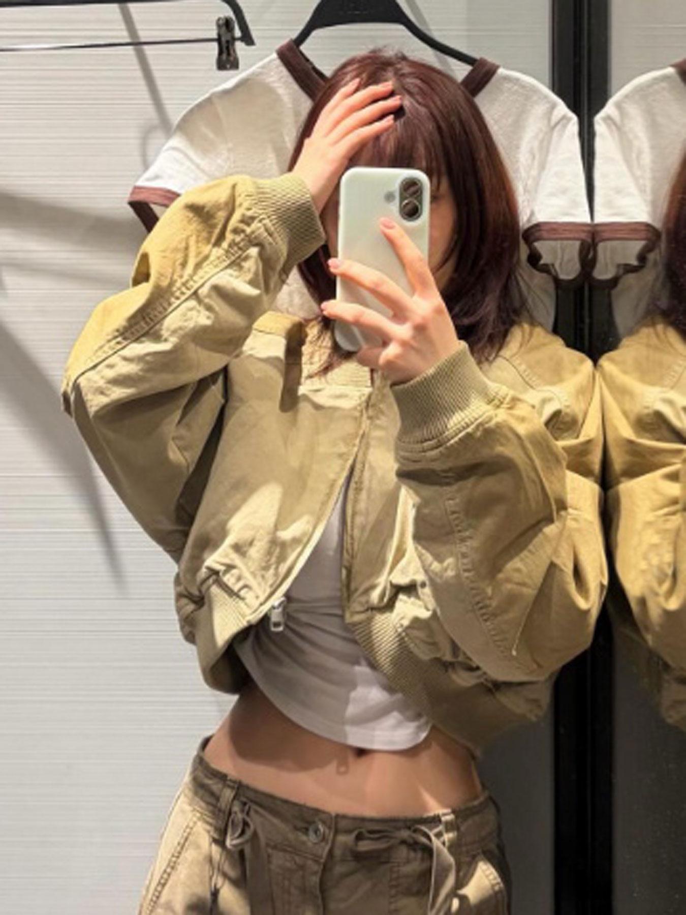 Women's Olive Green Loose Cropped Basic Bomber Jacket, Casual Zipper Coat, Vintage Casual Full-Zip Outerwear with Ribbed Collar & Cuffs, Side Pockets, Streetwear Layering Coat for Spring & Summer