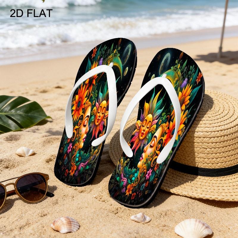 Women's Flip - Flops, Multiple Colors & Sizes Available, Floral Celestial Art Design, Comfortable Lightweight, for Daily Wear & Beach, Stylish Fashion Sandals for Ladies, Women Shoes
