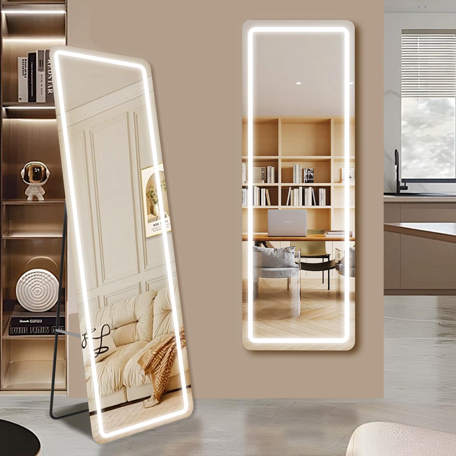 Full Length LED Vanity Mirror with Stand, Dimmable 3 Color Lighting, Wall Mount or Floor Use Aluminum Alloy Frame Durable Glass Mirror with Switch for Bedroom Living Room Decor Standing