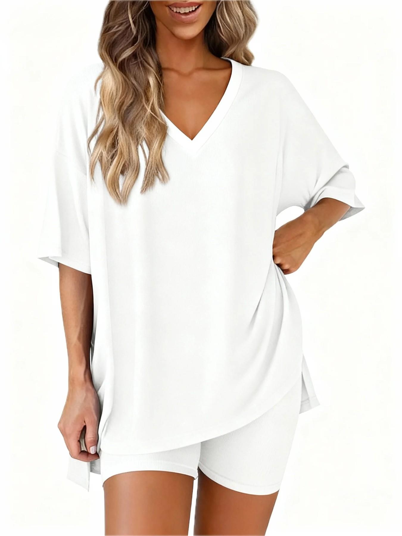 2026 V Neck 2 Piece Sets forSpringWomen Summer Loungewear Short Set SpringMatching Biker Shorts Oversized ShirtClothing