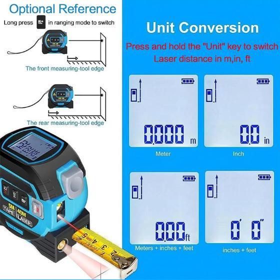 2 in 1 Digital Laser 5m Tape Measure with LCD Display, Self-Locking Device, 40m, 50m, 60m Measuring Options, Work Equipment for Men
