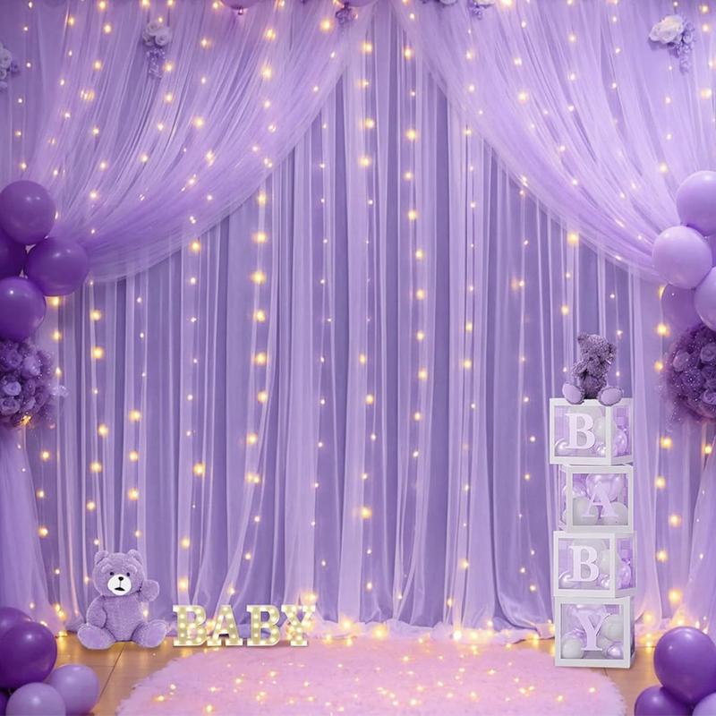1set 9.84ft x 7.05ft White Sky Blue Pink Green Purple Champagne Sheer Backdrop Curtains with Lights for Baby Shower Wedding Bridal Shower Happy Birthday Party Decor Photobooth Props Holiday Festival Decor Home Decorative Hanging Ornaments