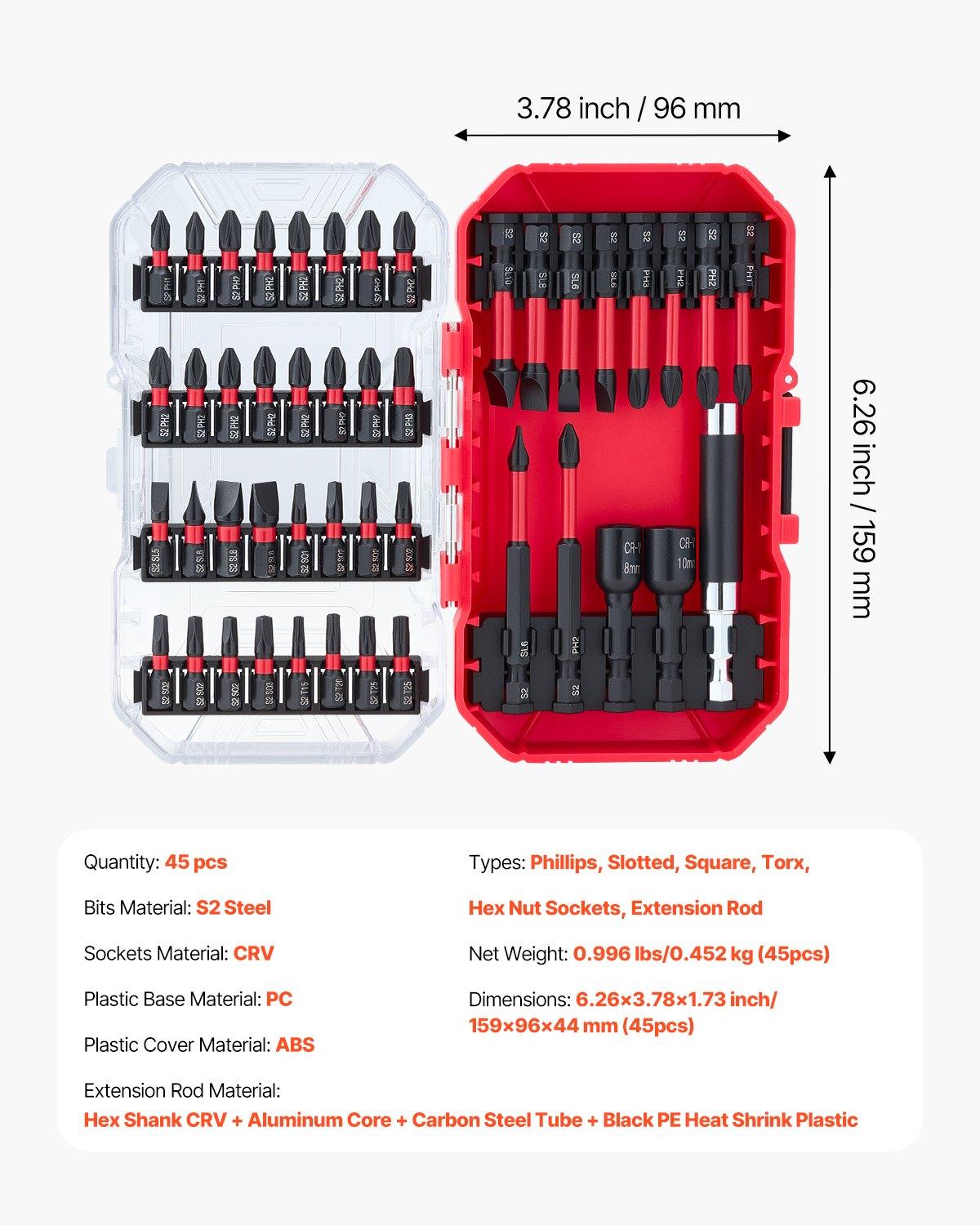 【DealsForYouDays】VEVOR 45-Piece High-Strength S2 Steel Magnetic Screwdriver Bits Set, with Magnetic Tip, Extension Rod, Transparent Storage Case - Rustproof Blackened Finish, Phillips, Slotted, Square, Torx Bits, Hex Nut Sockets, 45-Piece Kit, High-Streng