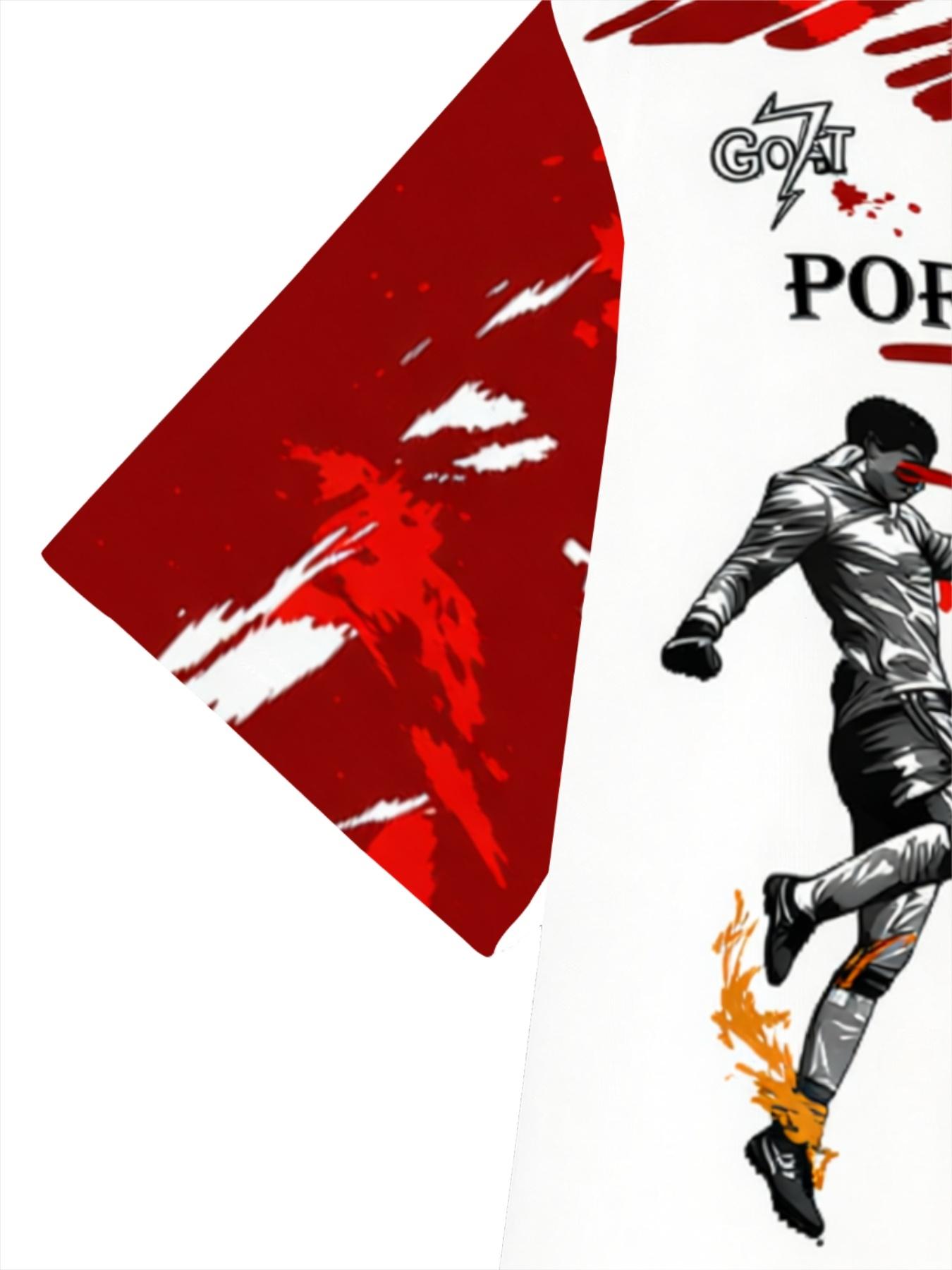 Portugal Football Theme Men's Short Sleeve T-Shirt, Men's Trendy Printed Sports Top, Red and White Color Casual Wear