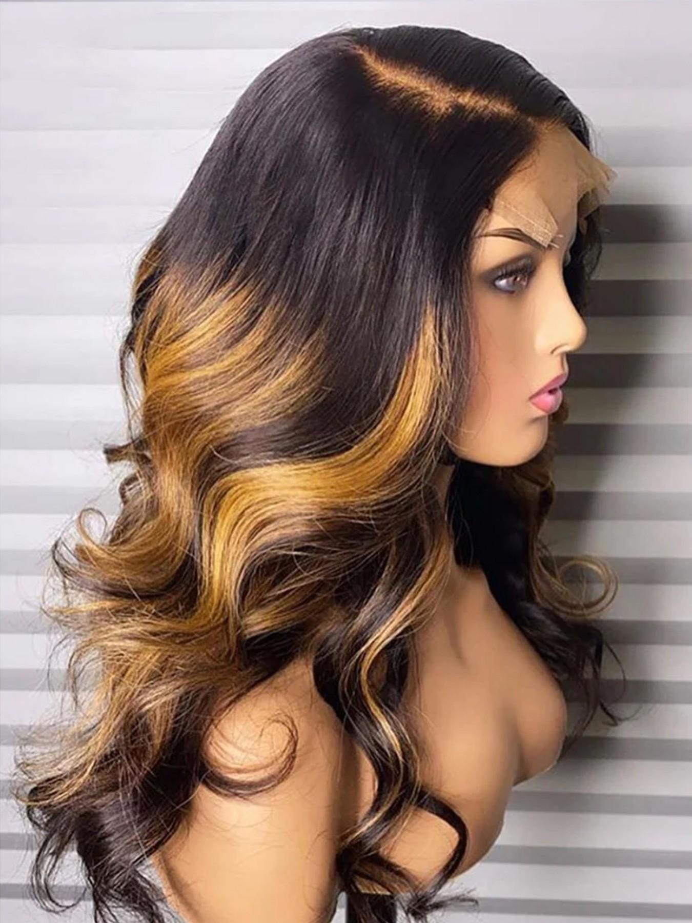 13x4 HD Lace Front Human Hair Wigs Body Wave Glueless Pre Plucked Natural Hairline with Baby Hair 20 Inch 180% Density Natural Black 1B With Blonde Highlights Ombre Mixed Color Wavy Hair for Women Daily Party Wear