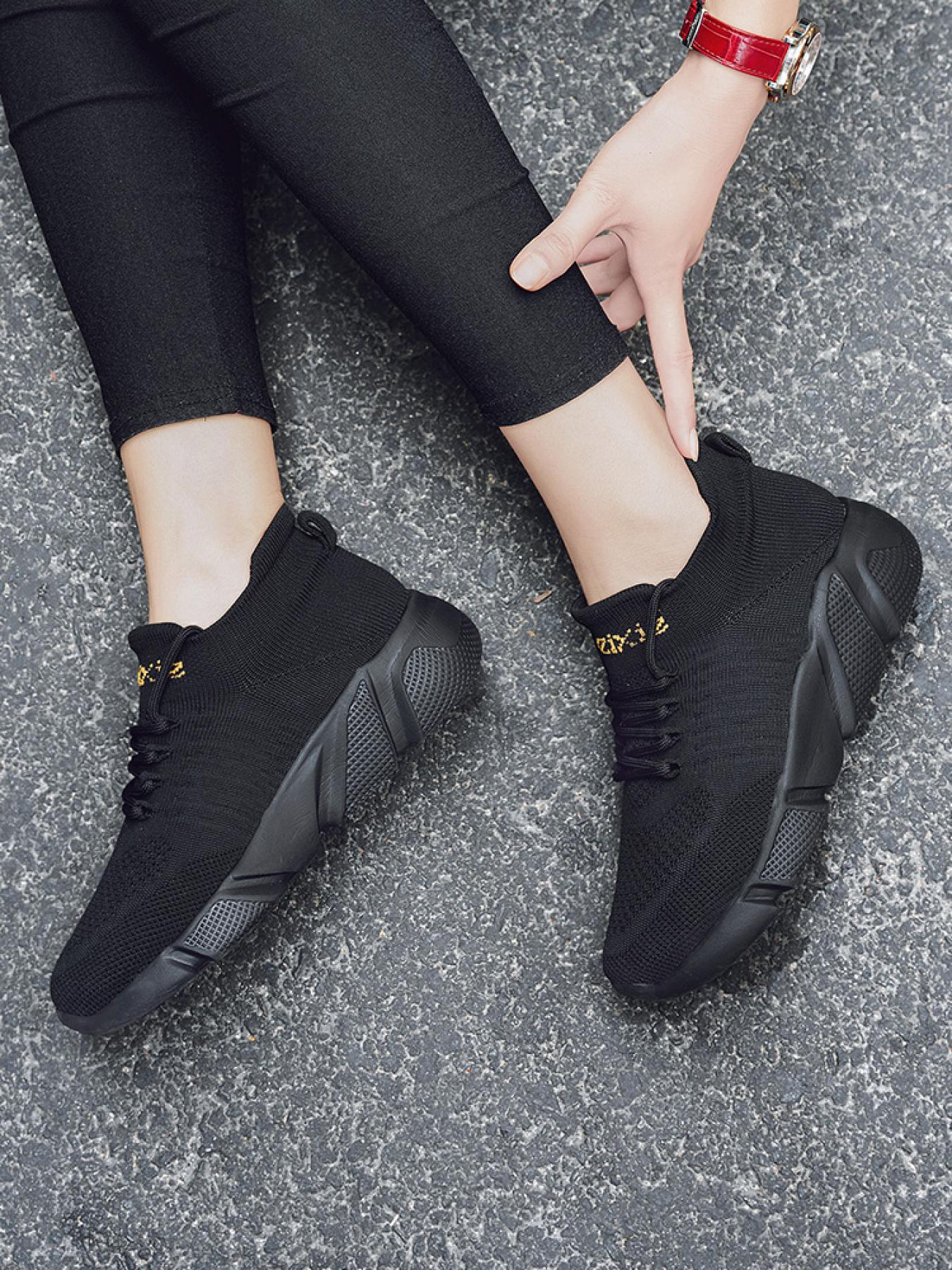 Unisex Black-Gold Flyknit Sock Shoes: Soft Sole Shock-Absorbing + Elastic Mouth, Daily Commuter Lazy Sneakers
