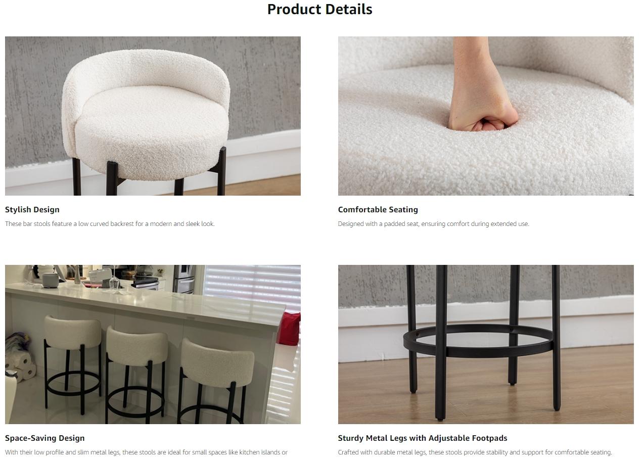 CHAIRUS Counter Height Bar Stools Set of 2, Modern 26"  Sherpa Fabric Round Barstools,Upholstered Counter Stools with Black Metal Legs and Footrest, Bar Stools for Kitchen Island Counter,Dining Room,Small Space, White