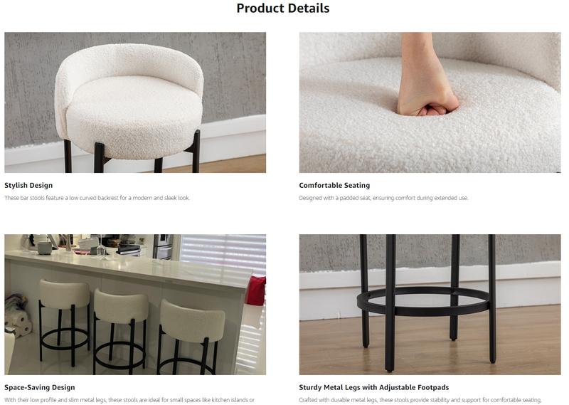 CHAIRUS Counter Height Bar Stools Set of 2, Modern 26"  Sherpa Fabric Round Barstools,Upholstered Counter Stools with Black Metal Legs and Footrest, Bar Stools for Kitchen Island Counter,Dining Room,Small Space, White