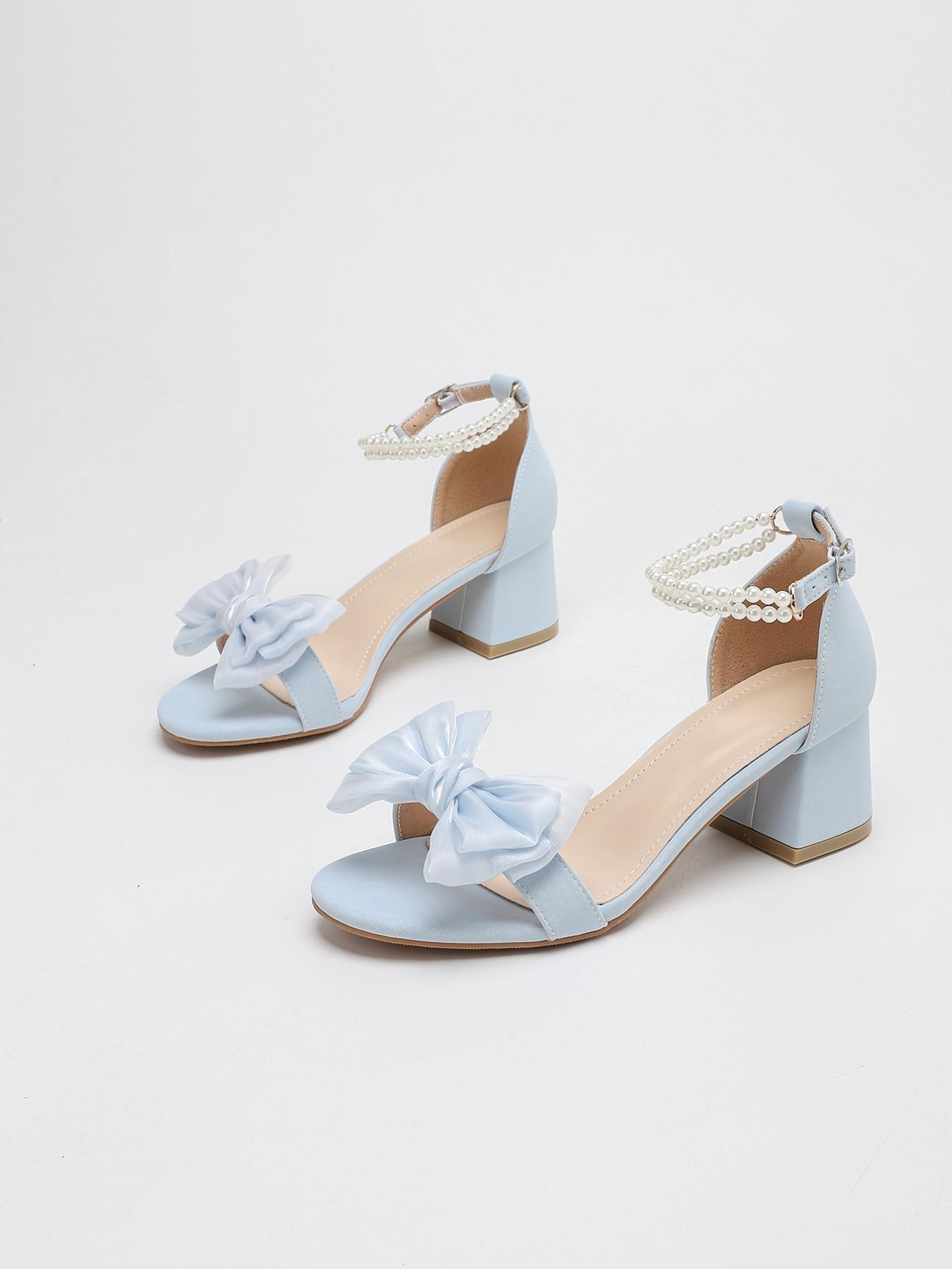 Fashion High Heel Sandals for Women, Open Toe Sweet Style, Butterfly Knot, Pearl Buckle, Summer Thick Heel, Casual Daily Wear