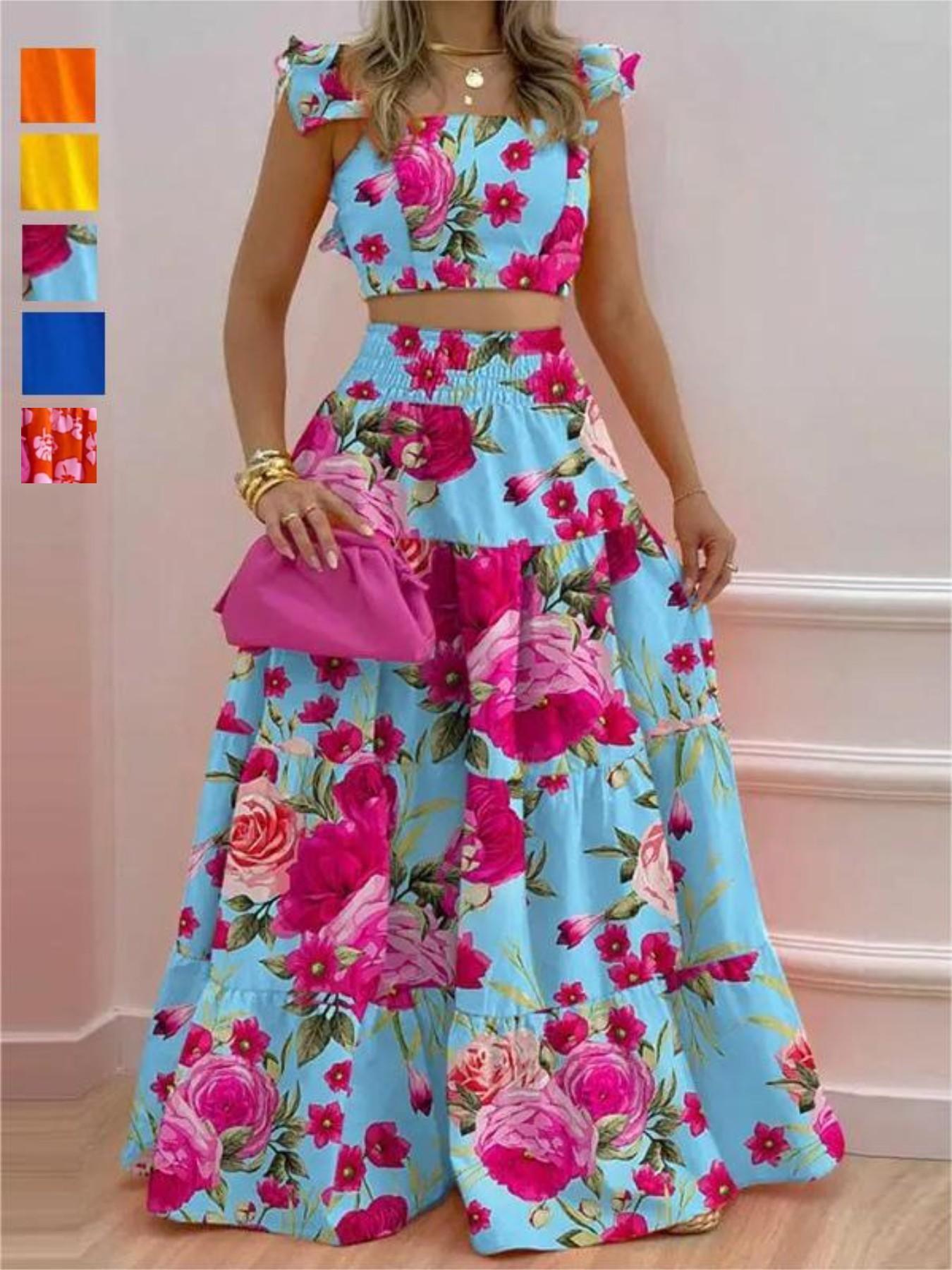 Sexy Vacation, Perfect for Daily Wear, Party Dress, Sleeveless Strap Top Ruffles Skirt Set, Elegant, Chic and Stylish, Ideal for Special Occasions