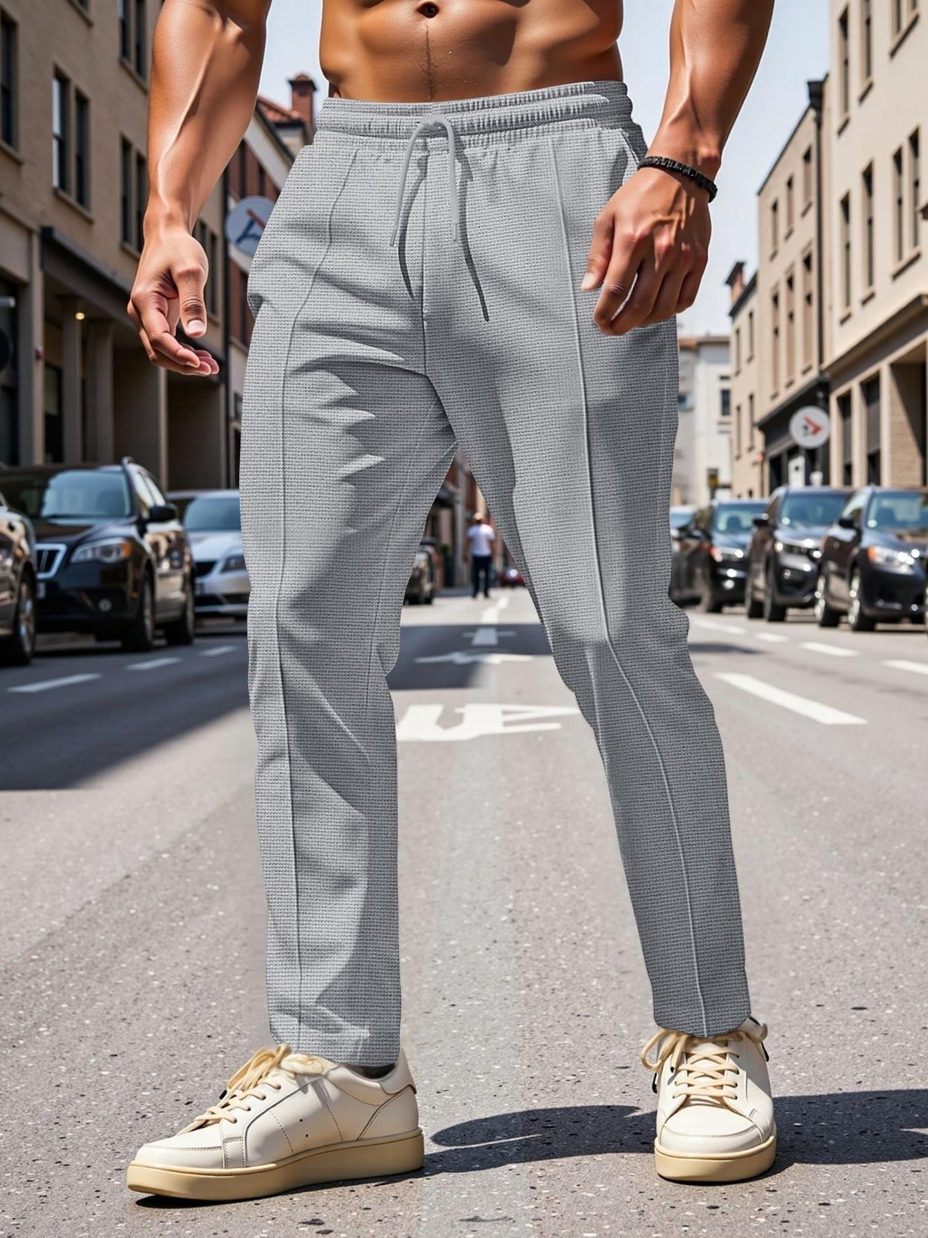 Men's Solid Drawstring Waist Pants, Regular Fit Casual Comfy Pocket Trousers for Spring & Fall, Men's Bottoms for Daily Wear, Casual Fashion Trousers