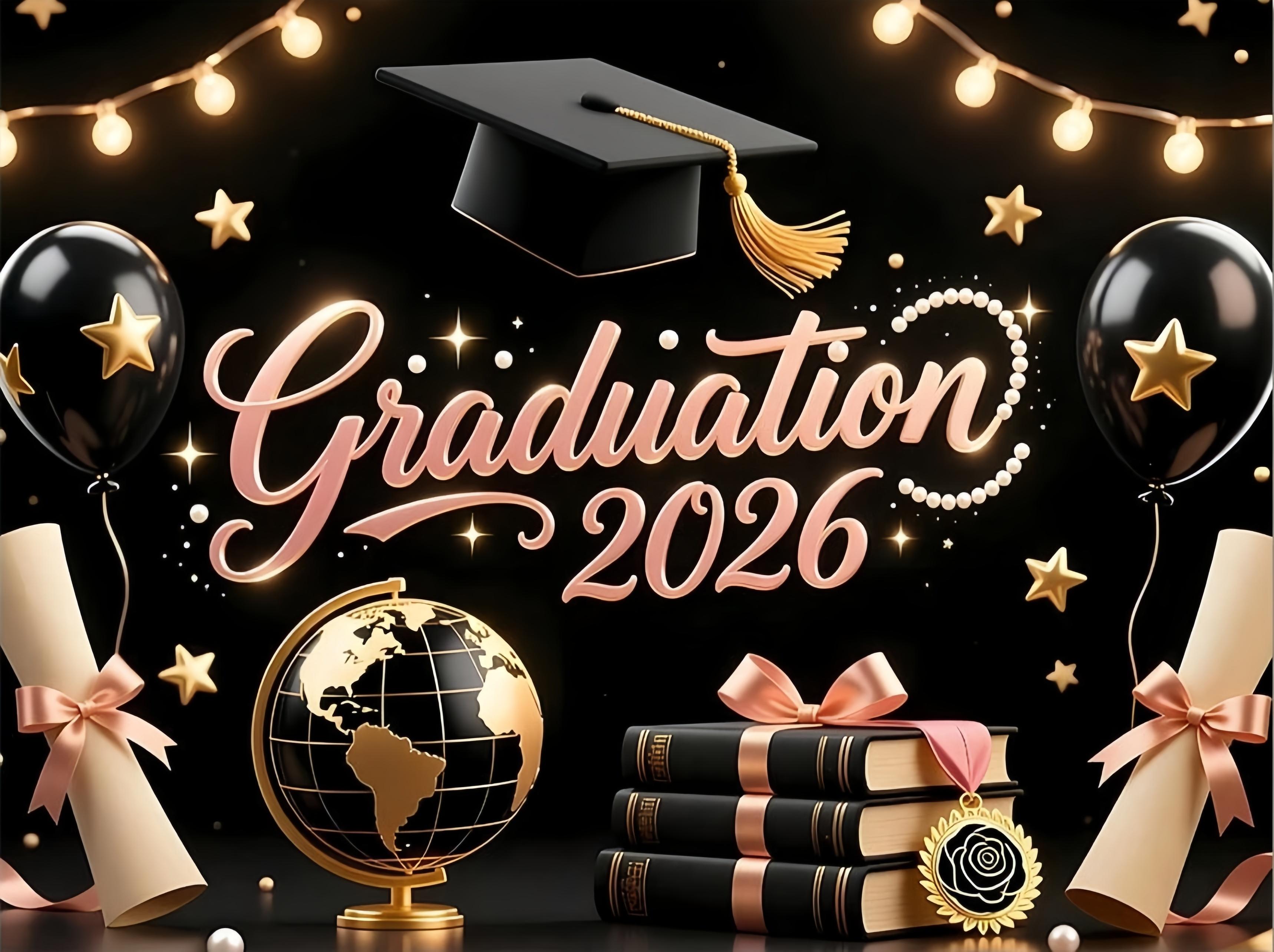 2D Flat Class of 2026 Graduation Decoration Set 1 piece banner + 3 piece door curtain set Polyester material Pink gold bachelor's hat balloon graduation banner 2026 graduation ceremony party photo hanging cloth Campus graduation season atmosphere decorati