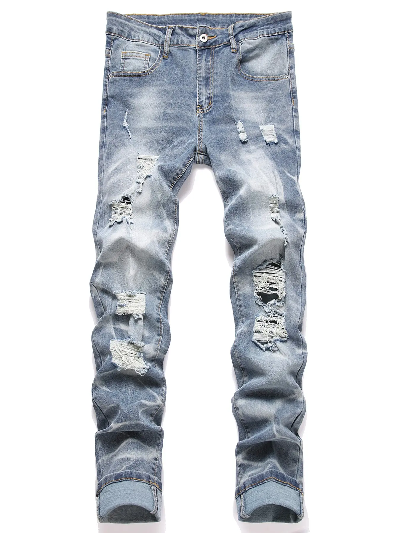 Men's Tight-Fit Jeans, Streetwear Style, Ripped Design, Fashionable Choice, Perfect Gift for Boyfriend, Trendy and Stylish, Streetwear Distressed Jeans