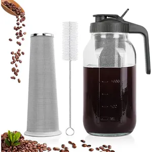 Cold Brew Coffee Maker,64 oz Mason Jar Pitcher with Stainless Steel Filter, Pour Spout Handle Lid, Heavy Duty Glass Airtight & Leak-Proof for Iced Coffee,Tea & Lemonade