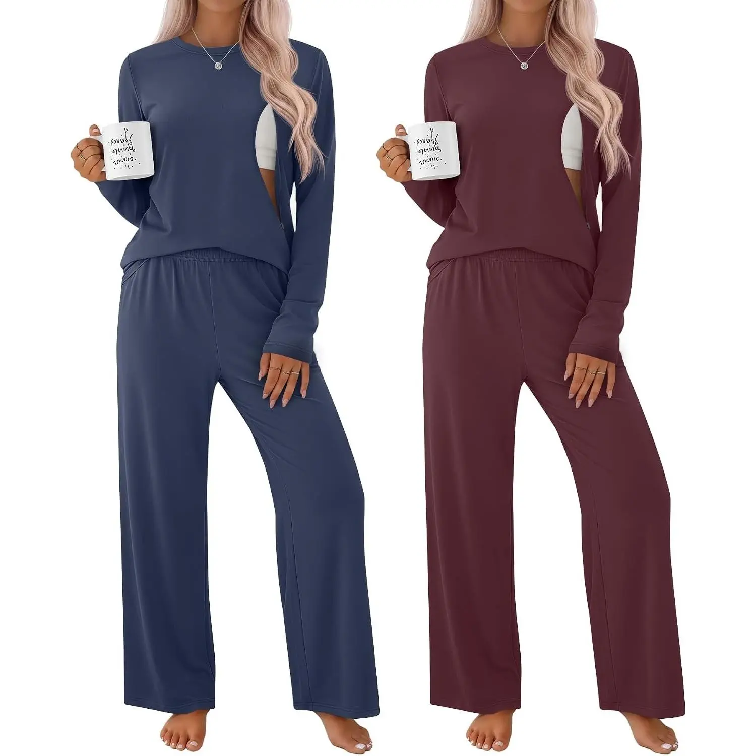 2 Pack Maternity Nursing Pajamas Set | Breastfeeding Long Sleeve Sleepwear, Postpartum Lounge, 2 Top and 2 Pant, for Women