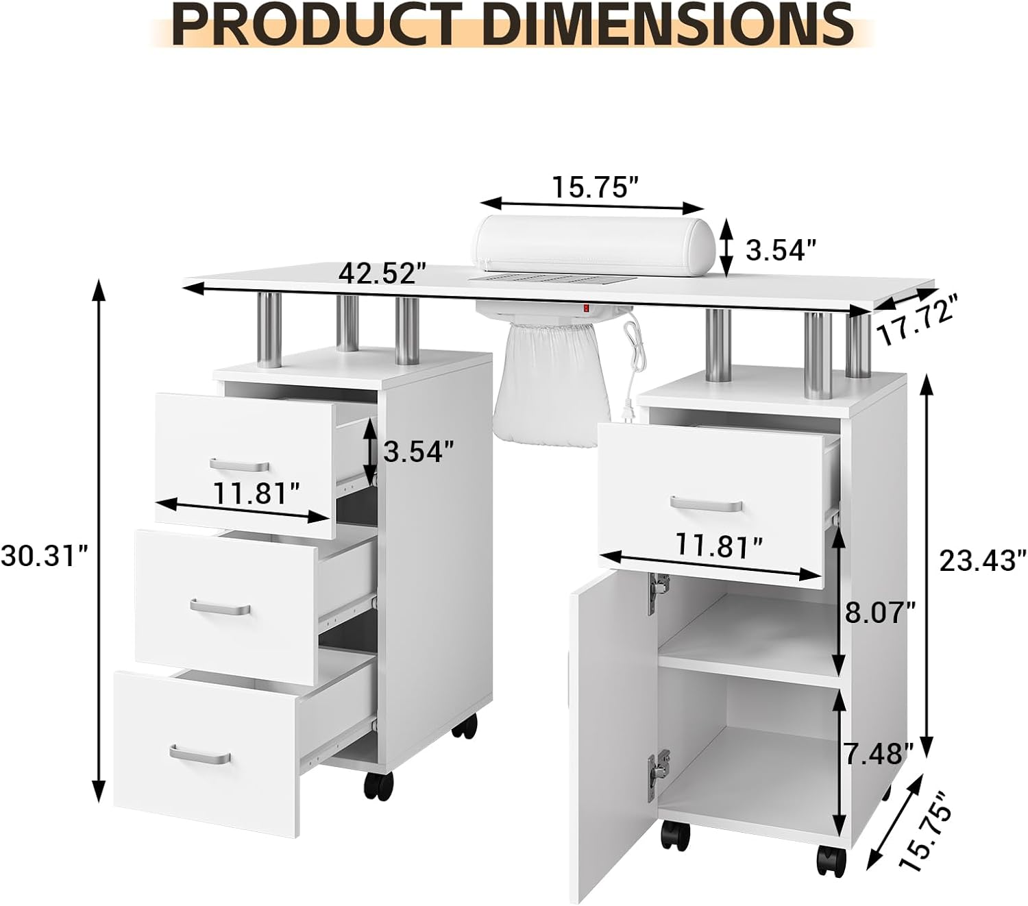 Professional Nail Desk with Electric Dust Collector, Nail Tech Table for Salon & Home Use, 4 Drawers Storage Cabinet, Lockable Wheels & Arm Rest