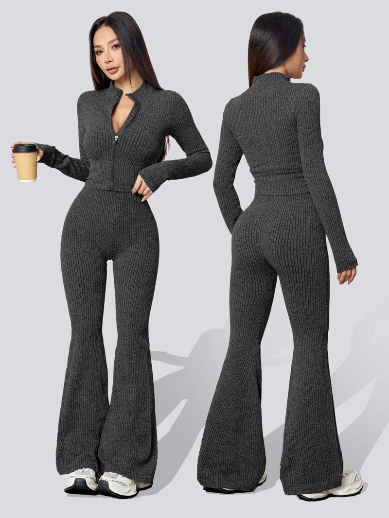 Women's Two-Piece Set, Sweatsuit Matching Set, Autumn Winter Knit Ribbed Jacket & High-Waisted Flare Pants, Casual Fitted Yoga Gym