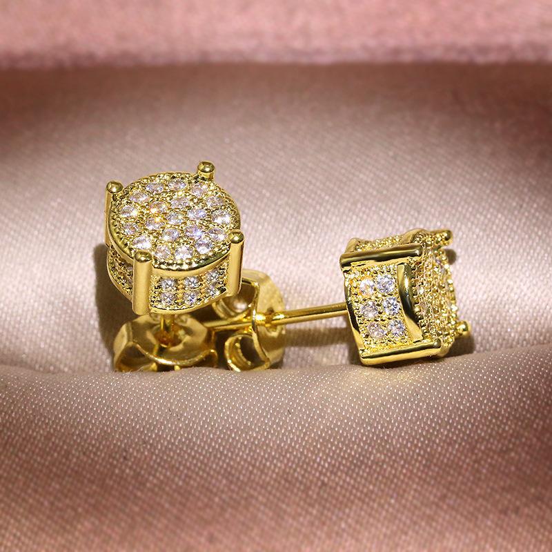 Full Diamond Hip Hop Men's Ear Stud Zircon Micro-Set Plated Round Earrings for Women