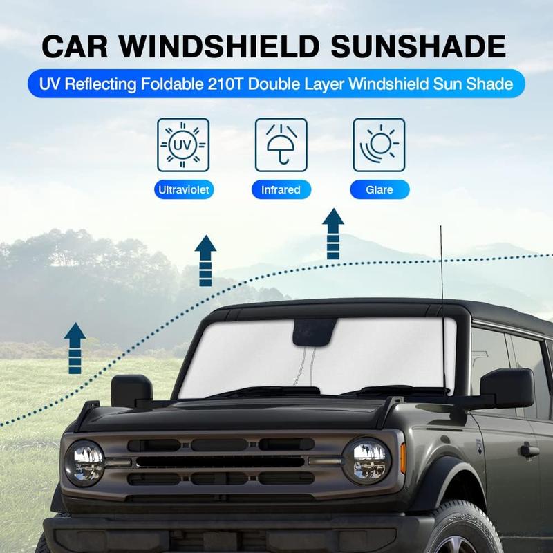 Canvcle Windshield Sun Shade for Ford Bronco 2021-2025 Foldable Sun Visor Protector Blocks 99% UV Rays Keeps Car Cooler Silver & Black 240T Reflective Fabric Canvcle Windshield Sun Shade for Ford Bronco 2021-2025 Foldable Sun Visor Protector Blocks 99% UV Rays Keeps Car Cooler Silver & Black 240T Reflective Fabric