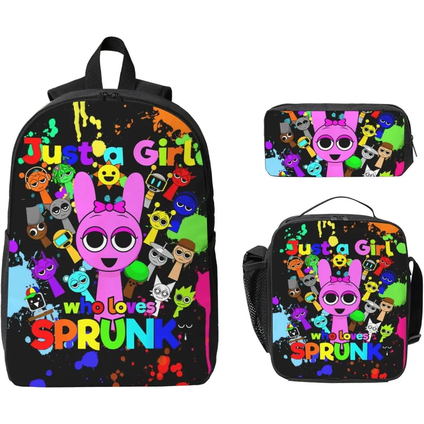 Sprunki Unisex Cartoon Animal All-Over Print Waterproof Backpack Sets - Zipper-Closure Bag with Lunch Box, Pencil Case, Laptop Compartment for School, Travel, Campus Life