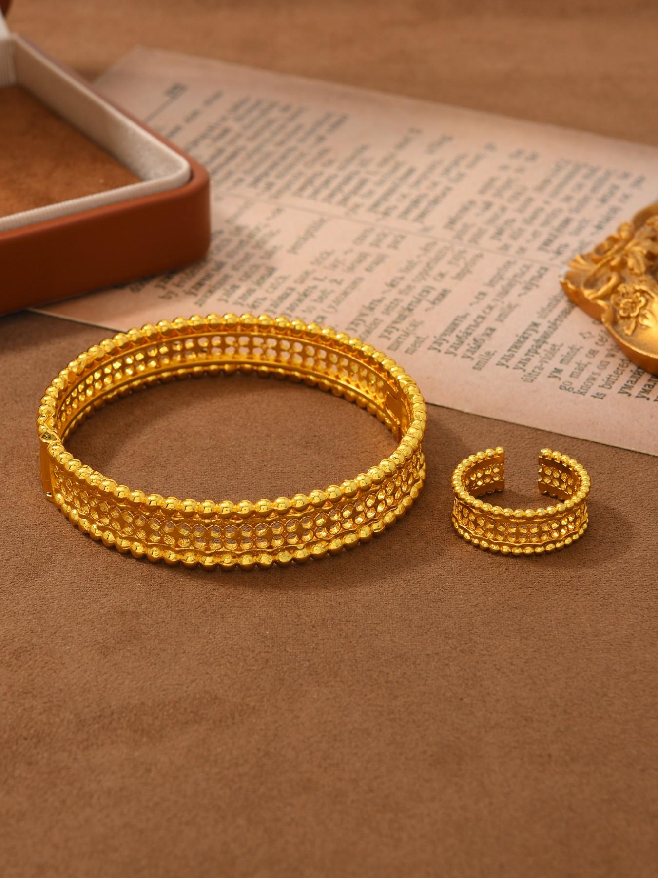 2pcs Middle Eastern Copper Plated 24k Hollow Wide Bracelet Ring Set, Vintage Luxury Party Accessories for Women