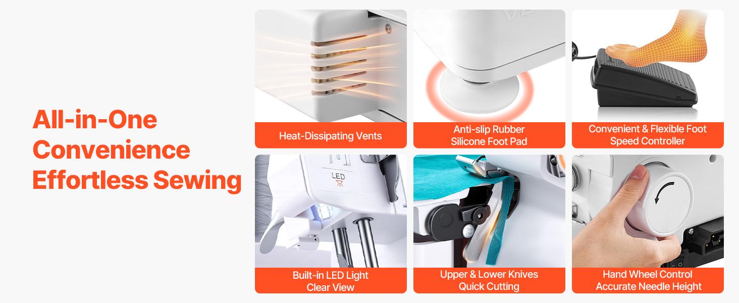 VEVOR Serger Overlock Sewing Machine, 1250 Stitches Per Minute, 2-3-5 Thread Capability, with LED Light and Strong Suction Feet, Heavy-Duty Metal Frame Sewing Machine for Various Fabrics, White