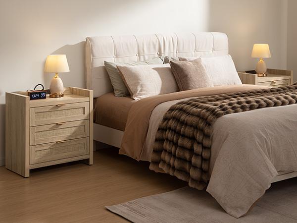 SICOTAS Rattan Night Stand with Charging Station - 24.8”W x 15.4”D x 26.5”H Boho Bedside Table with 3 Mesh Drawers, USB & Type-C Ports, Modern End Table for Bedroom, Living Room, Office , Durable and Stylish