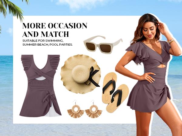 Yonique Women Swimsuits with Skirt - One Piece Tummy Control Swim Dress Cutout Bathing Suits