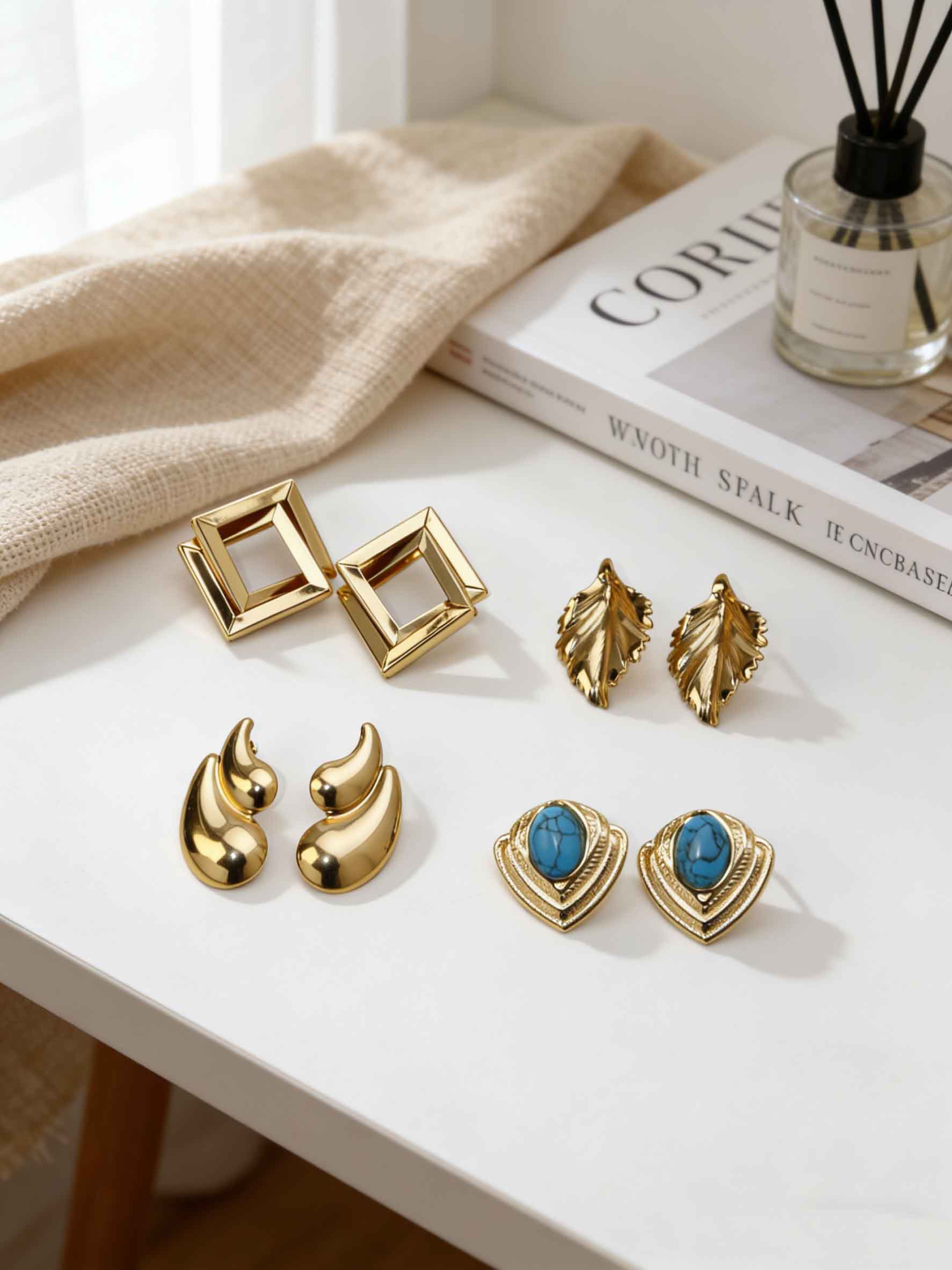 Vintage Gold Stud Earrings for Women 18K Gold Plated Turquoise Leaf Heart Square Geometric Chunky Earrings Hypoallergenic Stainless Steel Fashion Jewelry for Daily Wear Party Gift