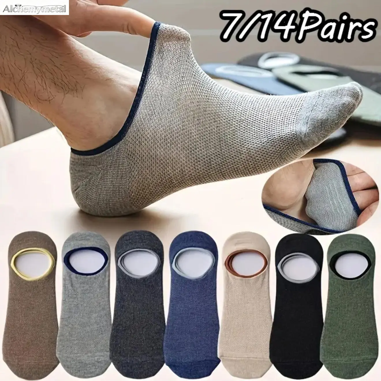 Men's 7/14 Pairs Summer Mesh Invisible No-Show Low-Cut Color-Trim Anti-Slip Breathable Sweat-Wicking Casual Boat Socks for Loafers Sneakers, 7Pairs soft