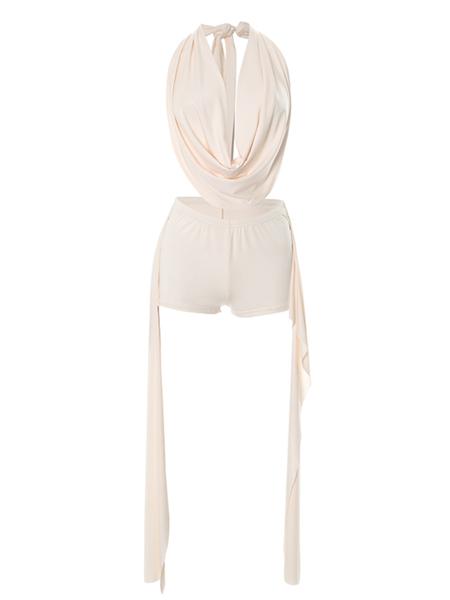 Women's Fashion Backless Halter Top and Slim Fit Short Pants Set, Trendy Summer Comfort for Daily Wear, Stylish Ribbons Design
