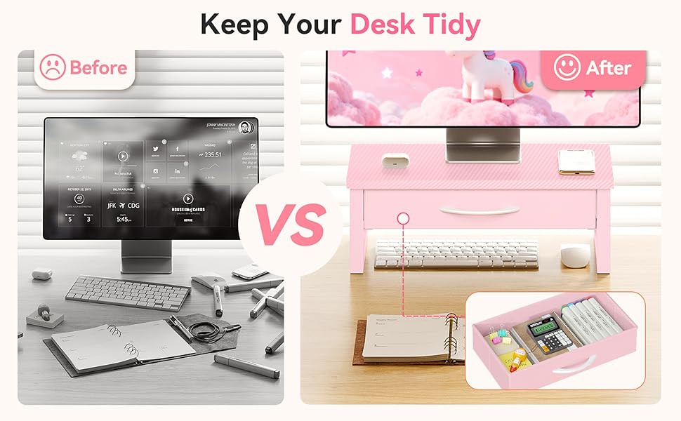 Desk Organizers and Accessories, Computer Monitor Stand Riser with Fabric Drawer, 2-Tier Laptop Stand for Desk, Office Organization Accessories, Pink