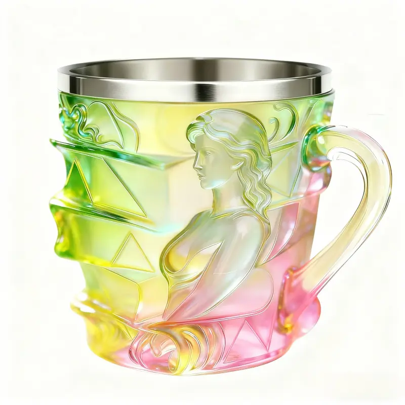 Iridescent Rainbow Goblet Mug, Embossed Goddess Sculpted Cup, Gradient Iridescent Glass‑Look Mug with Stainless Steel Liner, Halloween Gift Decorative Drinking Cup