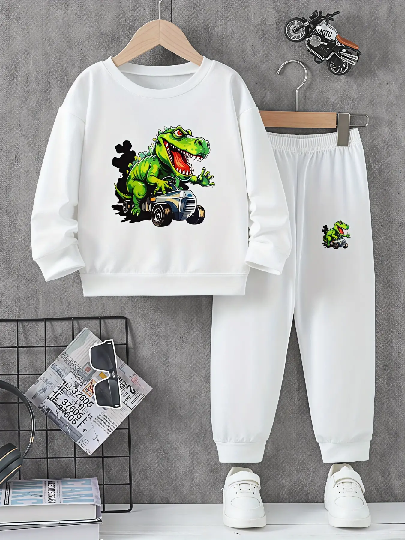 Toddler Boy White Off-Road Vehicle Trex 2Pcs Tracksuit, Plain White Crewneck Sweatshirt with Green Dinosaur Driving Buggy Print + Solid White Mini Graphic Jogger Pants, Fun Animal Outfit for Playground & Zoo Trip