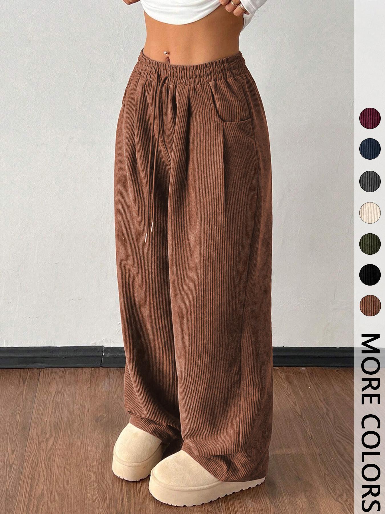 Women's Vintage Loose-Fitting Solid Corduroy Drawstring Pants, Casual All-Season Straight Leg Trousers for Autumn & Winter Valentine's Day