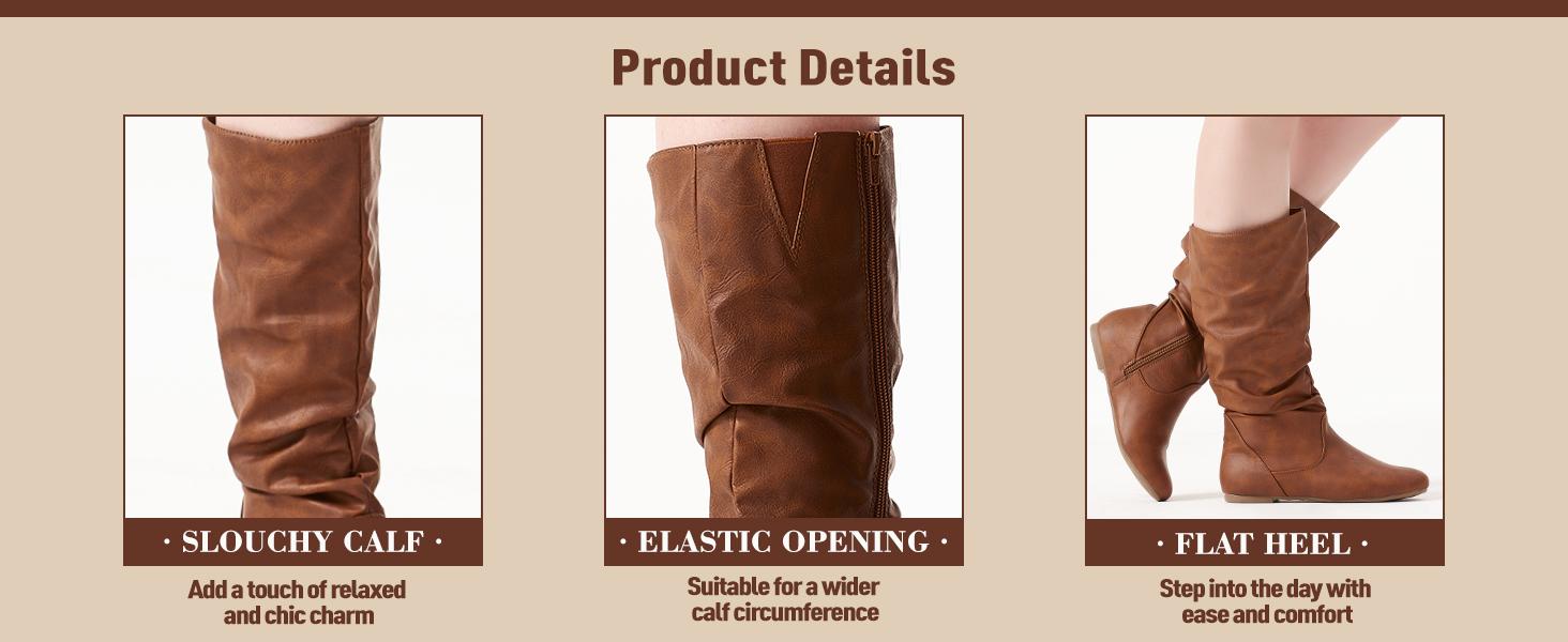 Women's Slouchy Mid Calf Boots Zip up Flat Boots