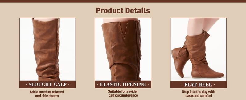 Women's Slouchy Mid Calf Boots Zip up Flat Boots
