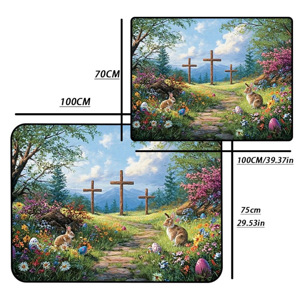 1pc Stylish Car Trunk Mat | Easter Scene with Wooden Crosses, Colorful Flowers, Rabbits, and Easter Eggs in a Mountainous Field - Durable Polyester, Keeps Trunk Dry & Clean, Adds to Vehicle Interior