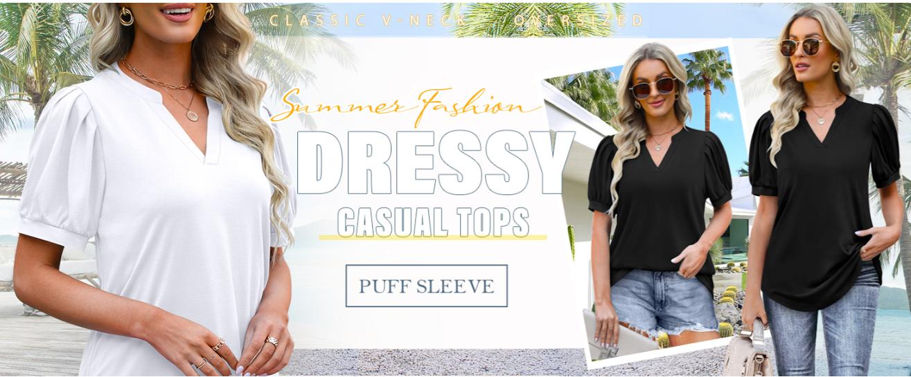 WIHOLL Women's Pleated Puff Sleeve Tops Summer V Neck Tunic Shirts Loose Curved Hem Blouses Dressy Casual S-3XL Fabric Fashion women's summer outfits plus size summer outfit SpringStatements