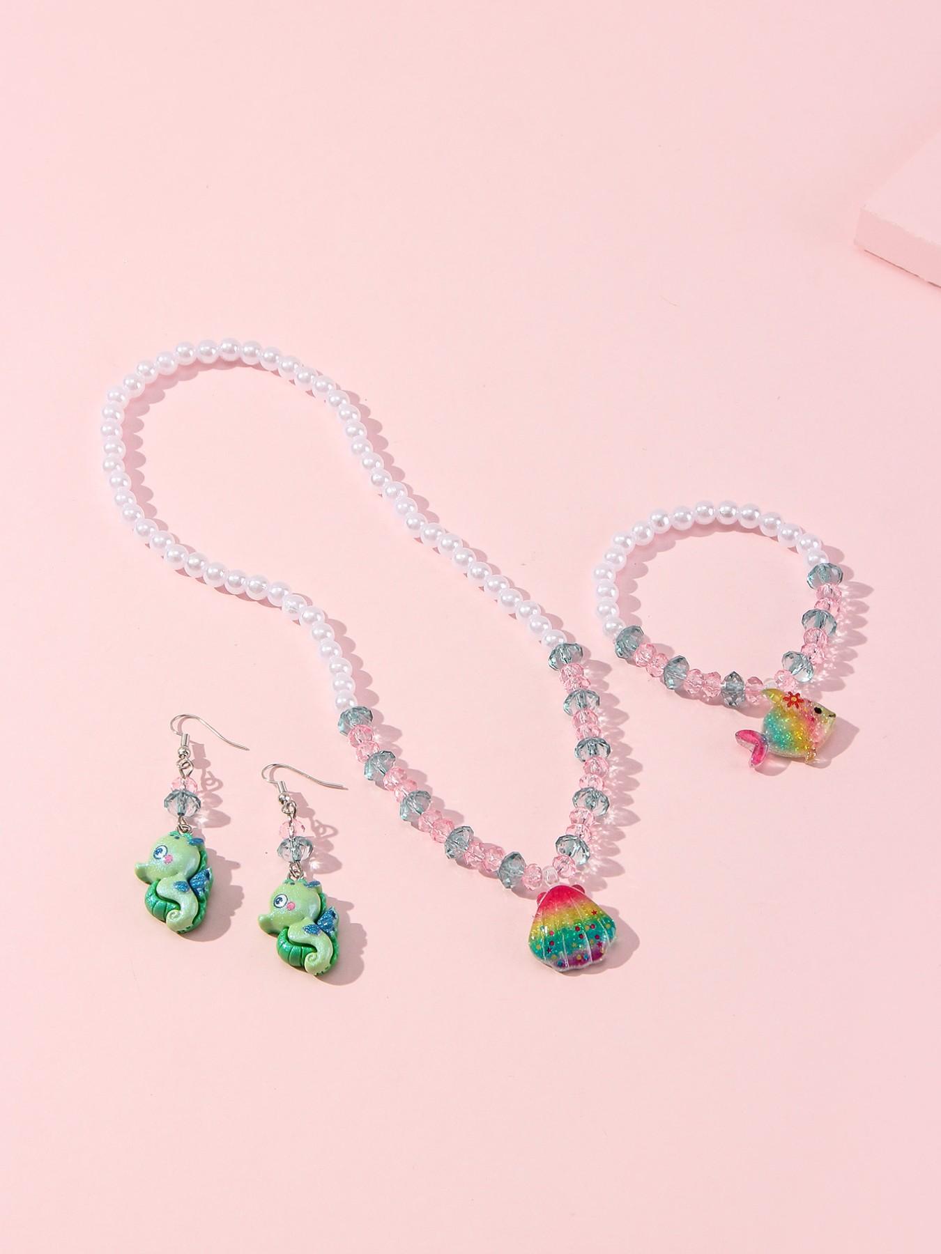 4pcs/set Acrylic Ocean Animal Pendant Pearl Bead Necklace Bracelet Set, Cute Butterfly Pattern, All Seasons, Perfect Gift for Girls