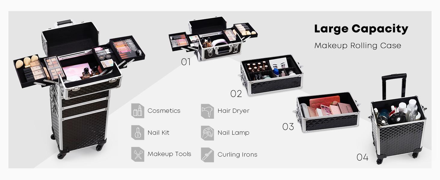 Joligrace 4 in 1 Rolling Makeup Train Case Large Cosmetic Trolley Box with Key Swivel Wheels Salon Barber Case