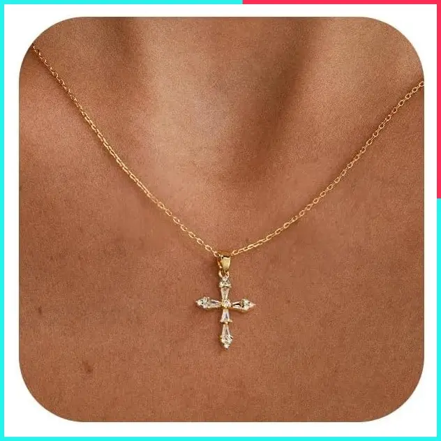 Dainty Gold Cross Necklace for Women - Diamond Cross Pendant Non Tarnish Waterproof Simple Choker Minimalist Jewelry